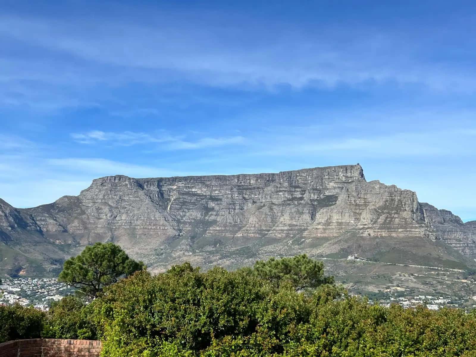 Table Mountain under a blue sky, the edge of Cape Town at its foot behind a line of trees