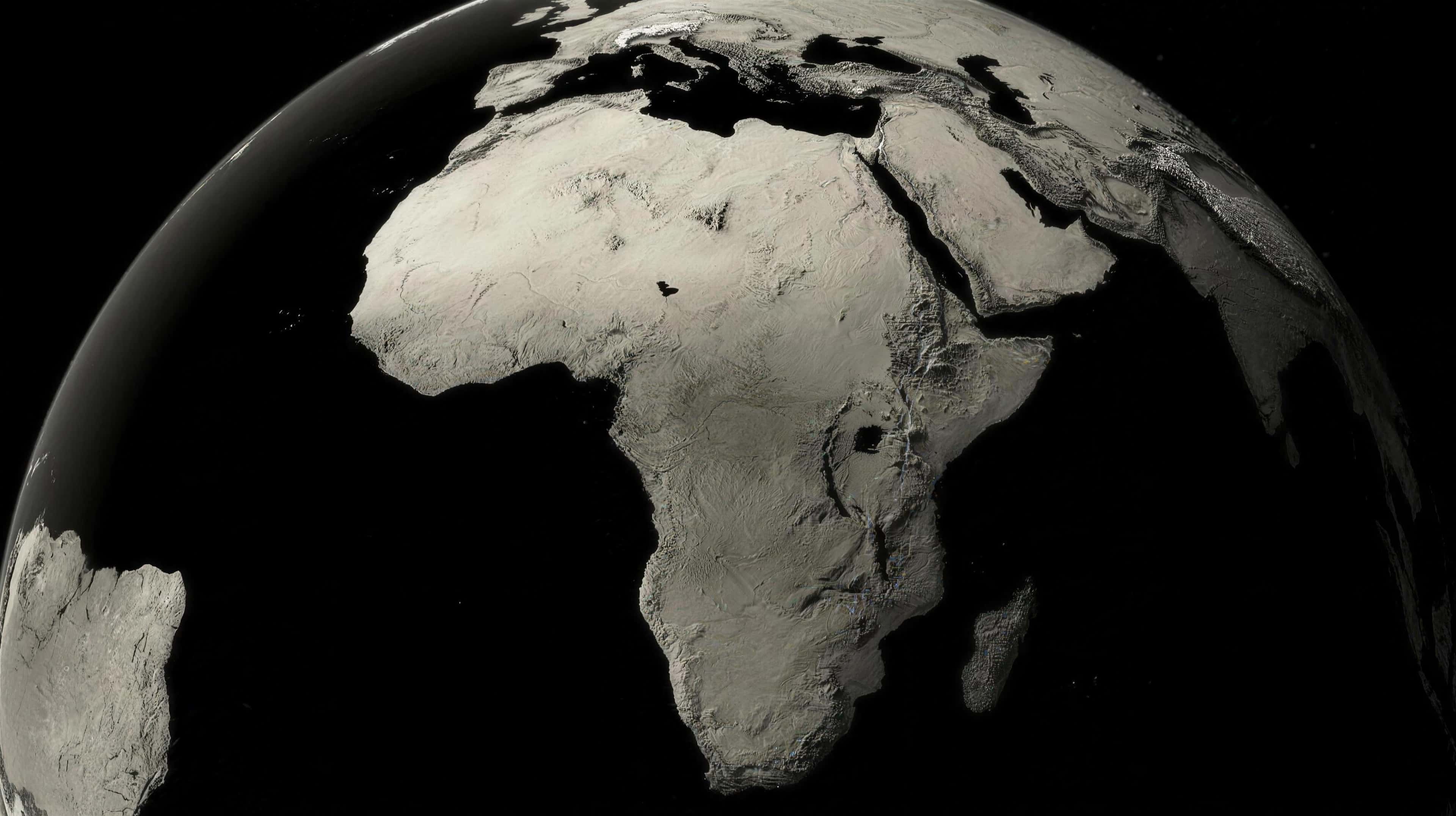 Shaded relief of the globe, the Alps at the top and southern Africa below